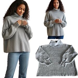 Cozy Gray Knit Turtleneck Sweater Women's Size XL Cuffed Military Buttons